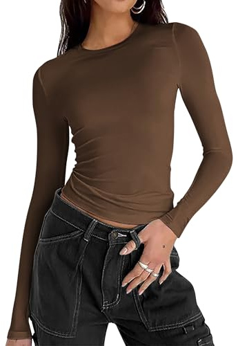 Zeagoo Top da Donna Maniche Lunghe Maglietta Sexy Slim Fit Shirt Crop Tops Elegante Girocollo Tee T-Shirt Casual Camicia Basic Shirt Marrone S