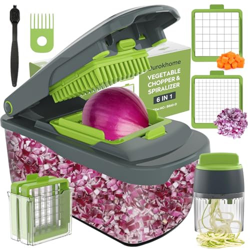Ourokhome Hachoir à oignons avec récipient, coupe-aliments manuel avec spirale de légumes, mandoline à main pour pommes de terre, tomates, carottes, gadget de cuisine essentiel (6 en 1, gris)