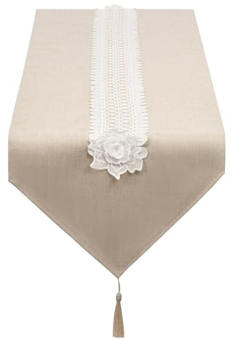 SANLEHAUSE Tischläufer Beige 40 x 250 cm, Leinen Tischläufer Leinenoptik Bestickter Quaste Tischläufer, Schlichte, Elegante, Pflegeleichte Tischläufer für Esstisch Couchtisch Restaurant Dekoration