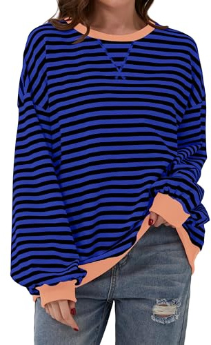 DUOEASE Damtröja randig oversize pullover långärmad höst rund hals sweatshirt Y2K toppar, Svart - blå, XL