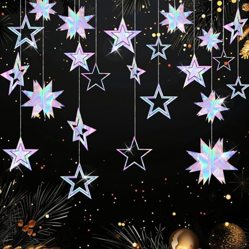 Fumwase Schillernder Stern Party Dekoration 3D Stern Dekorationen Hängende Papiergirlande Holographic Twinkle Little Stars Girlanden für Weihnachten Abschluss Neujahr Geburtstag Bachelorette