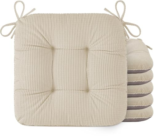 OVOV Chair Cushions for Dining Chairs Set of 6 Chair Cushion with Ties and Non-Slip Backing Tufted Thick Kitchen Chair Pads Made of Soft Fabric 42x40x8cm/17x16x3inch (Beige)