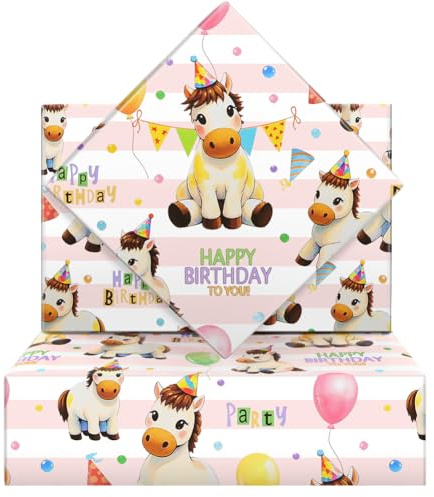 Geschenkpapier für Pferde-Safari-Dschungel-Party - Weißes Pferd mit Geburtstagshut und Ballon, 6 Bögen 50x70cm für Kinder, Kindergeburtstag