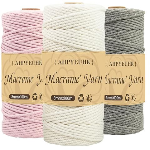 Fil De Macramé 3mm Corde Macramé 3 Rouleaux Cordons pour Macramé Naturel De,Ficelle en Coton pour Suspension Murale,Suspension Plantes,Noël Tricot Travaux Manuels (Gris foncé Beige Rose Clair)