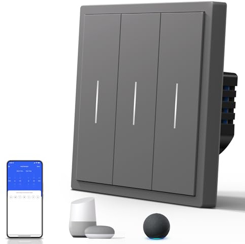 BSEED Lichtschalter Alexa aus Matt,Schalter mit Kontrollleuchte,Smart Lichtschalter Unterputz mit Sprachsteuerung,S-Serie,3 Fach 1 Weg,86mm Grau