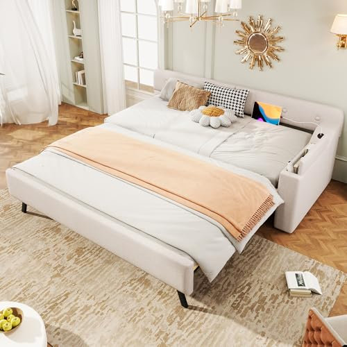 Lcoho Schlafsofa, Daybett, Tagesbett, 90x200cm, Schlafsofa mit Lattenrost (ohne Matratze), mit ausziehbarem Ausziehbett mit Klappstaufach, USB+Type-c, Leinen (Beige)