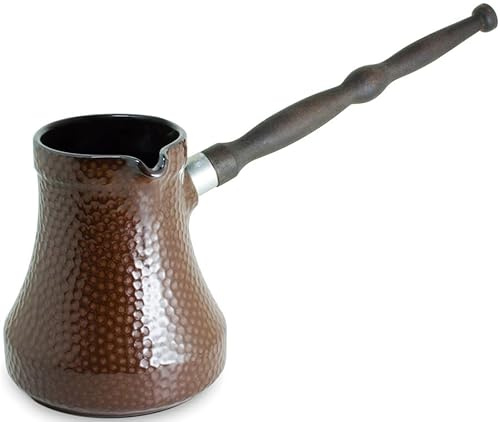 Ceramic Turkish Coffee Pot 500 ml (16.91 oz) Cezve Ibrik Briki Turka Hammered Brown Color with Removable Wooden Handle for Gas Electric Hobs