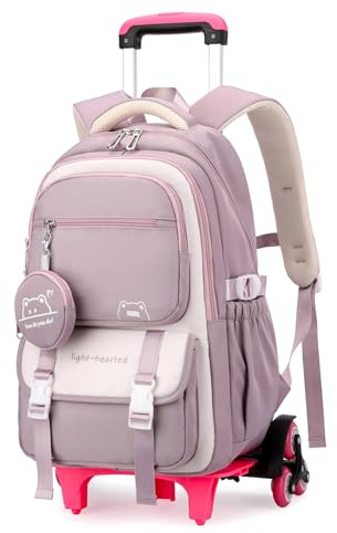 Tanou Schulrucksack Trolley für Mädchen, 30L Rucksack Teenager mit Rollen, Abnehmbar Trolley Schultasche Mädchen für Grundschule Sekundarstufe Lässiger Ranzen mit 6 Räder, Lila