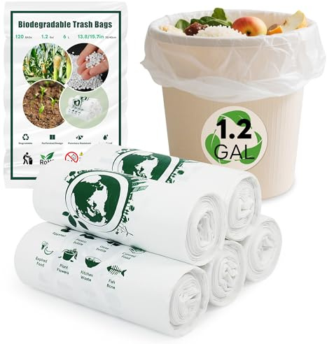 Small Bin Bags 5 Litre - 120 PCS Kitchen Compostable Food Waste Bags Liners, Mini White Bathroom Biode Gradable Compost Bag for Toilet Garden Office Bedroom Indoor Degradable Small Plastic Rubbish Bag