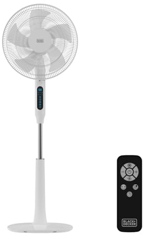 Black+Decker BXEFP30E stående fläkt, 30W, 24 hastigheter, normala lägen, naturlig och natt, 15 timmars timer, tyst, automatisk sväng, justerbar höjd 118–138 cm, LED-skärm