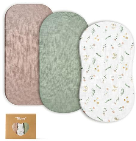 TILLYOU Musselin Spannbettlaken 3er Set Spannbettlaken Kinderwagen 100% Baumwolle Spannbettlaken Beistellbett 40x80 cm, Blumig