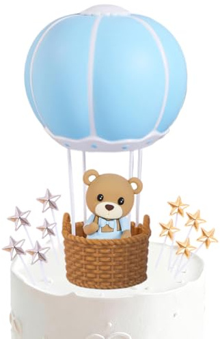 Blue Bear Cake Decoration, Hot Air Balloon Bear Cake Fecoration, Te-ddy Cake Decorating Set, Suitable for Boys and Girls Baby Shower Birthday Party Decorations