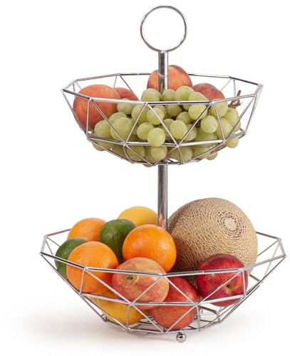 EHC 2 Tier Fruit Basket Stand for Kitchen, Counter Storage Organiser, Vegetable Holder, Fruits Organiser, Easy Assembly, Geometric, Chrome