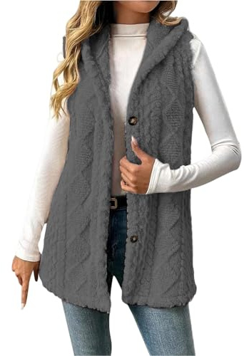Kuschelweste Damen Flauschig Teddy Weste mit Kapuze Fleeceweste ohne Ärmel Strickweste Ärmellos Plüschweste mit Knöpfen Zopfmuster Pullover Übergangsweste Winter Freizeitjacke Damenweste Lang