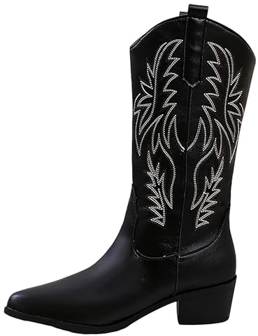 Jemnpela Stivali Western da Cowgirl da Donna con Ricami Mezzo Polpaccio Punta Appuntita Tacco Basso Massiccio a Scivolo Stile Equitazione per Concerti Country Feste e Festival