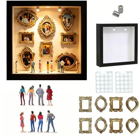 RosyFate DIY Mini Museum Silhouette Box, Caja de Silueta con Mini Marcos de Fotos y Mini Figuras, Caja de Sombras Mini Museo Decoración Hogar para Aniversarios Bodas, Cumpleaños (Negro)