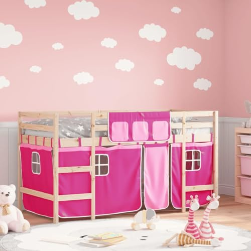 RCODSSK Letto a soppalco in legno di pino massiccio con ringhiera di sicurezza e scaletta e tende rosa e altezza 78,5 cm