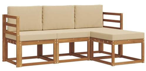 Foknhdi Juego de sofá de exterior de madera de acacia maciza, conjunto modular de muebles de jardín con tapicería, conjunto de terrazas, color beige y natural, 185,5 x 122,5 x 73 cm