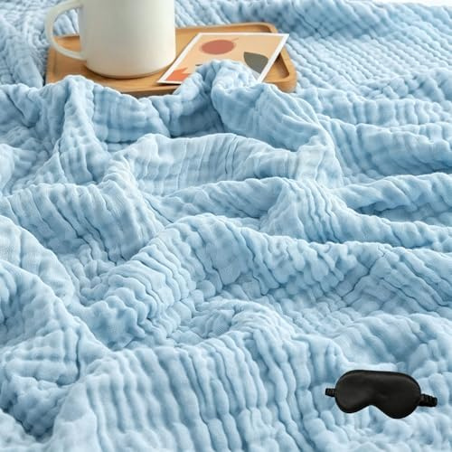 fjaldjfu Muslin Blanket Adult,4-Layer Soft Breathable Muslin Throw for Couch, Sofa & Bed,Summer Cooling Lightweight 100% Cotton Blankets for Adults & Baby (Sky Blue,150 * 200cm)