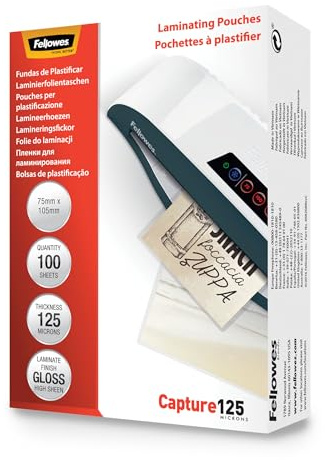 Fellowes Laminierfolien im Format 75 x 105 mm, 125 Mikron (2 x 125 mic) Heißlaminierfolien, glänzend, 100 Stück