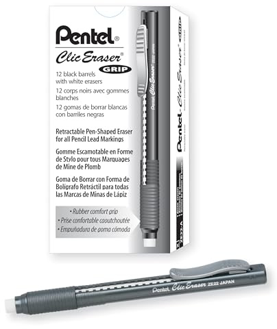 Pentel Clic Radiergummi, einziehbarer Radiergummi, schwarzer Schaft, 12 Stück (ZE22A)