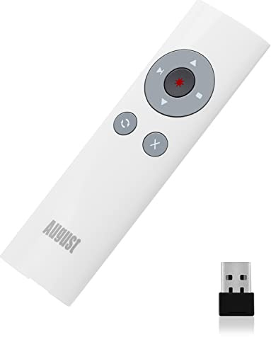 August LP200W Wireless Presentation Clicker – Red Laser PowerPoint Remote, 2.4GHz USB Receiver, 15m Range, ALT+TAB Hotkeys, Carry Case, Slide Advancer for Mac/Windows/Google Slides - White