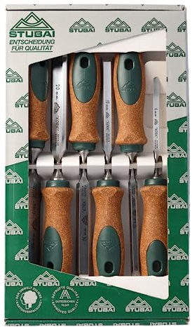 Stubai 357106 Ciseaux à bois façon suédois avec manche en liège, Vert/brun/argent, 6-26 mm, Set de 6 Pièces