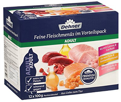 Dehner Premium Katzenfutter Multipack, Nassfutter, für ausgewachsene Katzen, je 4 x Lamm / Pute / Lachs, 12 x 100 g Beutel (1.2 kg)