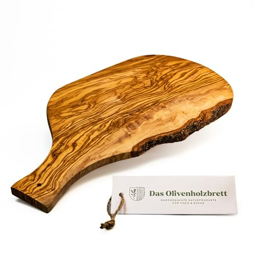 DAS OLIVENHOLZBRETT® Schneidebrett, Servierbrett in Naturform mit Griff 45cm