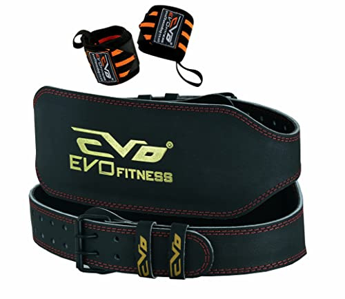 EVO Fitness 6” Matte Black Weight Lifting Belt With 18 Wrist Straps Gym Cowhide Leather Padded Lumbar Back Support Powerlifting Bodybuilding Workout Training Men Women