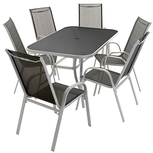 Nexos Trading 7-teiliges Gartenmöbel-Set – Gartengarnitur Sitzgruppe Sitzgarnitur aus Stapelstühlen & Esstisch – Aluminium Kunststoff Glas – schwarz grau