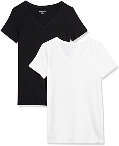Amazon Essentials Women's Kortärmad V-ringad T-shirt klassisk passform, Pack of 2, Svart/Vit, L