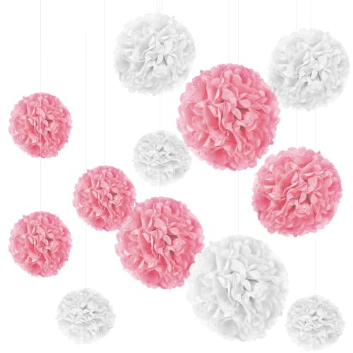 12er Set Seidenpapier Pompoms, inkl. Satinbänder (je 1.20m), inkl. Geschenkverpackung (Weiß Rosa)