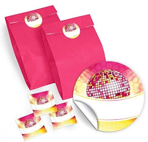 JuNa-Experten 12 Party-Tüten aus Kraftpapier mit 12 Aufkleber Disco für Geschenke Mitgebseln/Kindergeburtstag/Hochzeit/Geburtstag/Kinderfest/Papier-Tüten für Geschenkverpackung