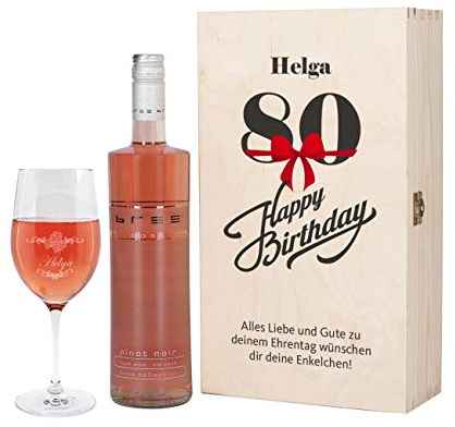 Herz & Heim® Bree Weingeschenk zum 80. Geburtstag mit graviertem Weinglas und Bree Wein zur Auswahl in Weinkiste mit Aufdruck Rosé