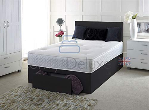 Comfy Deluxe LTD 2FT6 Small Single Bed Set with Memory Sprung Mattress - Black Leather Divan Bed Frame with 20 Plain Headboard, Chrome Glider Feet & No Storage - UK Made