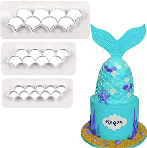 Palksky Mermaid Cake Fondant Cutter/Scale Cookie Cutter Geometric Multicutter Biscuit Cutters Cake Embossing Mold for Mermaid Birthday Party Novel Creative Cupcake Decorating Supplies(Set of 3)