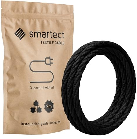 smartect Textilkabel gedreht 3-Adrig (3 x 0.75 mm²) Schwarz, 2 Meter | Vintage Lampenkabel Stoff, Stromkabel textilummantelt für eigenes DIY Projekt
