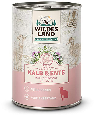 Wildes Land - Kalb & Ente - 6 x 400g Dose - Nassfutter für Katzen - Getreidefrei - Extra viel Fleisch - Beste Akzeptanz und Verträglichkeit