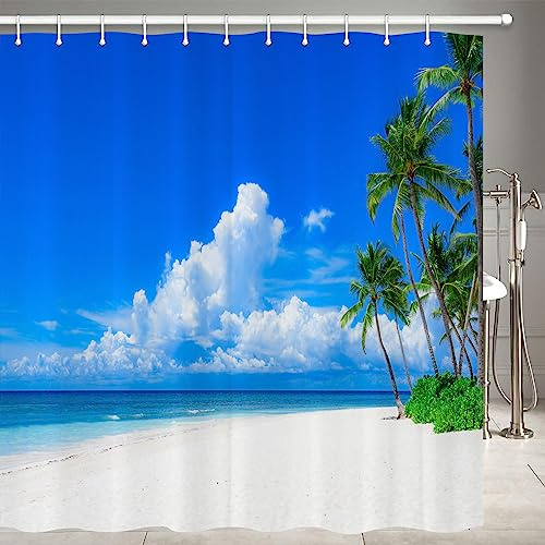 JOOCAR Nature Shower Curtain, Palm Tree Decor Ocean Coastal Summer Beach Seaside Scene Palm Trees Island Blue, Waterproof Cloth Fabric Bathroom Decor Set with Hooks, 60x72 Inch