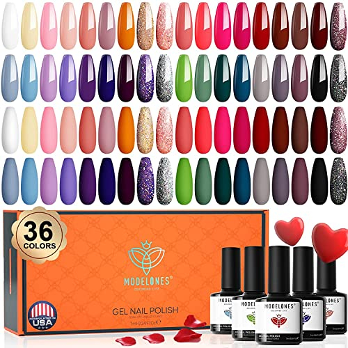 modelones UV Nagellack Set 40 PCS, 36 Farben Rot Glitzer Rosa Weiß Schwarz Gel Lack,Nail Polish Soak Off,Gellack für Nagelstudio Desig Base& Matt& Glitter& Top Coat LED Nail Art Maniküre