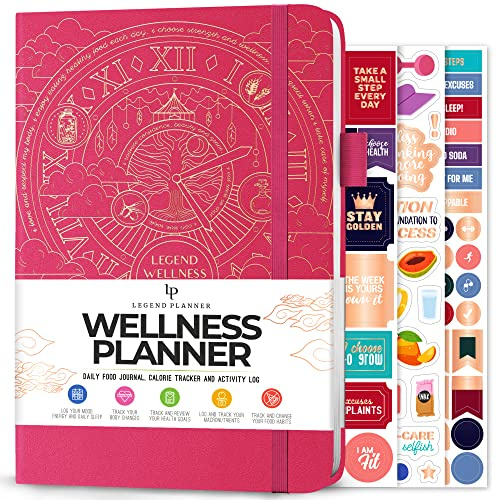 Legend Wellness Planner & Food Journal – Daily Diet & Health Journal with Weight Loss, Measurement & Exercise Trackers – Lifestyle & Nutrition Diary – Lasts 6 Months, A5 size – Hot Pink