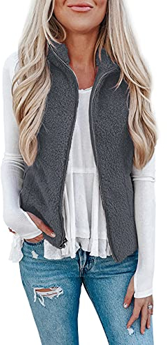 Raphin Damen Teddy-Fleece Ärmellose Weste Casual Wintermantel Elegant Einfarbig Mode Lose Reitweste (Dunkelgrau, S)