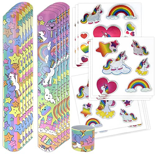 Einhorn Schnapparmband Sticker Set - Knickarmbänder und Aufkleber Unicorn 10er Set | Klatscharmband für Mädchen Kindergeburtstag Mitgebsel | Armband als Kinderparty Giveaway Gastgeschenk (10x Einhorn)