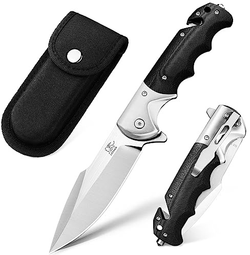 LOTHAR Smaug Folding Pocket Knife, 3.7 inch D2 Steel Blade G10 Handle, Tactical Survival Knife with Glass Breaker Seatbelt Cutter, EDC Pocket Clip Knife for Hunting Camping