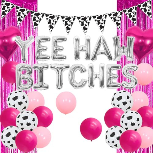 Sursurprise Western Bachelorette Party Dekorationen, Silber Yeehaw Hündinnen Ballon Kuh Druck Wimpel Banner, Cowgirl Nashville Brautdusche Supplies