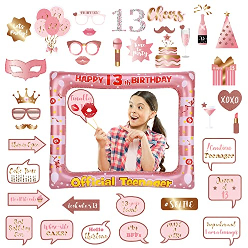 Decoraciones de cumpleaños número 13 para niñas y niños, marco inflable para selfies de oro rosa y 38 piezas de accesorios para cabina de fotos de 13 cumpleaños, marco inflable gigante para cabina de