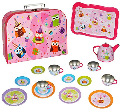 alles-meine.de GmbH 16 TLG. Set Picknick Koffer - lustige Eulen Party - mit Metall & Blech Geschirr - Spiel Küche - Zubehör Koffer - Picknickkorb für Kinder Mädchen Puppenges..