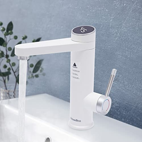 Wasserhahn mit Durchlauferhitzer, 3.2KW 120° LED Elektrischer Wasserhahn Sofort Heizung Durchlauferhitzer Küche Armatur für Glasschalen-Waschbecken, Waschtische, Gefäßspülen (Weiß)