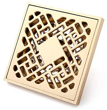 Abflussrinne, quadratischer, geruchshemmender Bodenablauf, 2 Stück, quadratischer Bodenablauf, goldfarbenes Messing, geschnitztes Blumenmuster, Badezimmer-Duschablauf, Abfallgitter, Badezimmer-Zubehör
